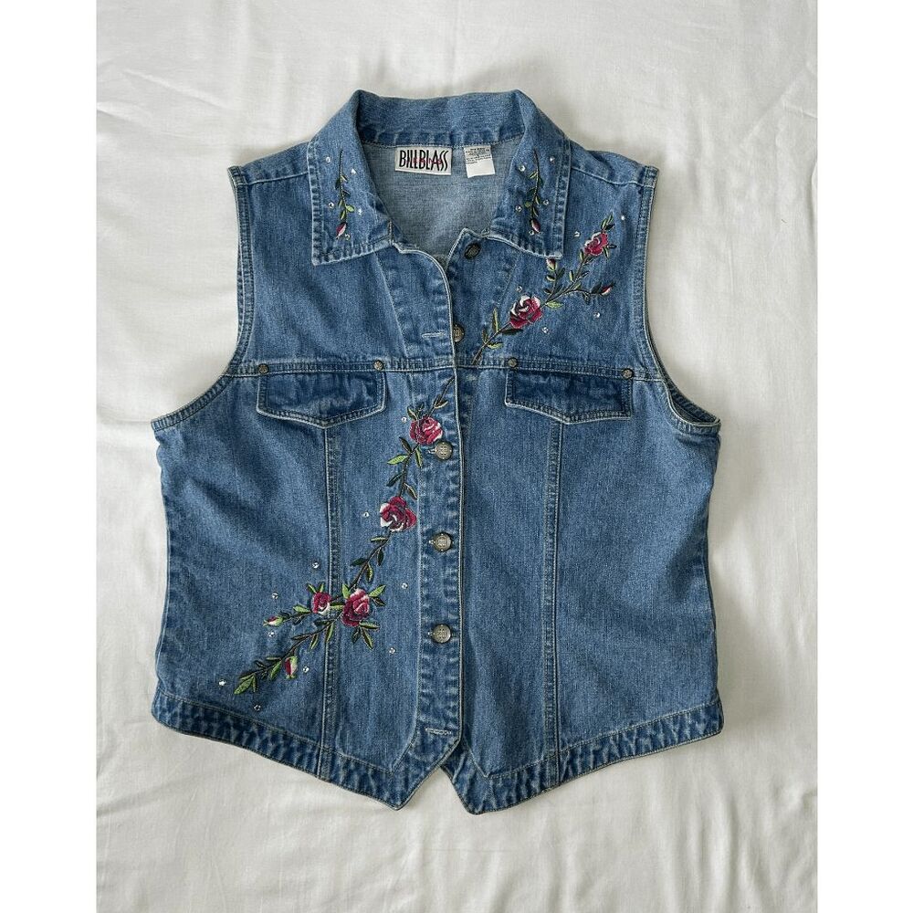 Vintage Bill Blass Blue Jean Flower Embroidered & Sequined Vest Size L 90's Y2K